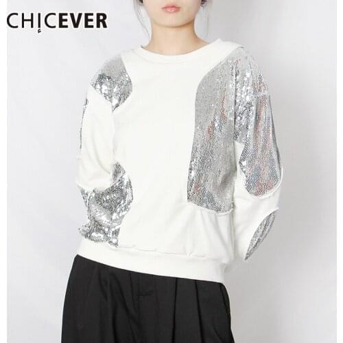 CHICEVER Casual Patchwork Sequins Sweatshirt For Women O Neck Lantern Long Sleeve Hit Color Sweatshirts Female 2021 Fashion New