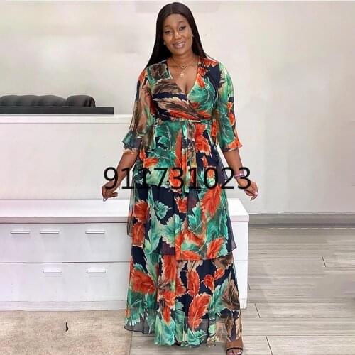 2021 Summer African Print Long Dresses Women Boho Ruffle Chiffon Gown Party Robes Abaya Kaftan Ankara Dashiki Boubou Outfits