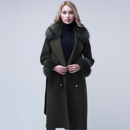 Real Fox Fur Collar Loose Cashmere Wool Real Fur Coat Winter Jacket Women Outerwear With Belt