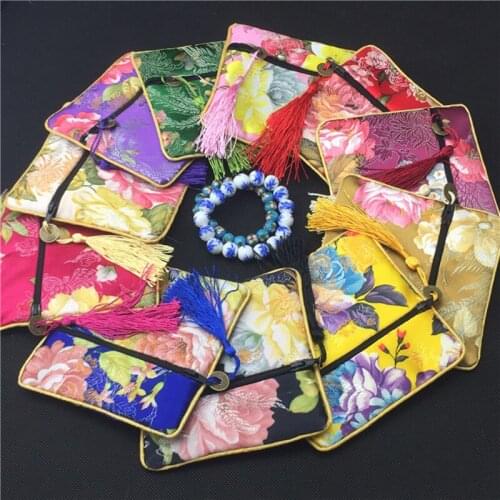 Luxury Peony Flower Tassel Small Zipper Jewelry Pouch Gift Bags High End Silk Brocade Coin Purses Wedding Party Favor Bags 100pc