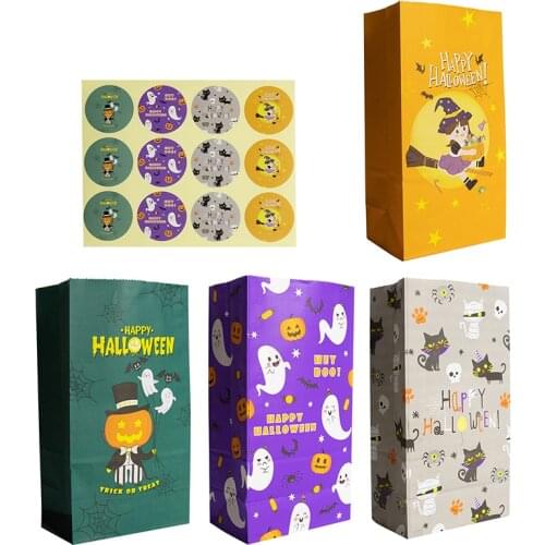 12Sets NEW Halloween Stand Up Paper Gift Bag for Party Treat Favor Candy Donuts Shopping Present Packing Bag With Seal Sticker
