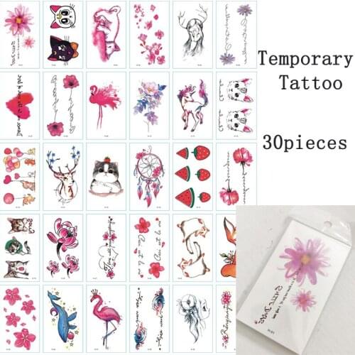 30pcs Temporary Tatoo Sticker Cute Cat Flamingo Waterproof Fake Tattoo Love Fruit Flowers Design Body Art Tattoos Man Woman