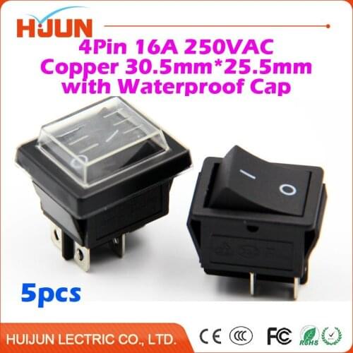 5pcs 4Pin 30.5*25.5mm On-Off-On Copper Black Boat Rocker Switch with Waterproof Cap 16A 250VAC Car Dash Dashboard Home