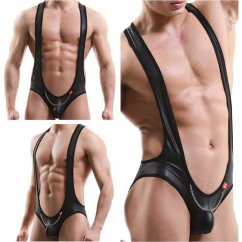 Faux Leather Men Bodysuit Open Butt Underwear Metal Chain Leotard Convex Pouch Sexy Wrestling Singlet Novelty One Piece Mankini
