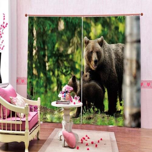 Nature Decor Curtains Wild Mother Grizzly Bear Protecting Her Babies in Forest Jungle Animal Print Green Brown window curtains