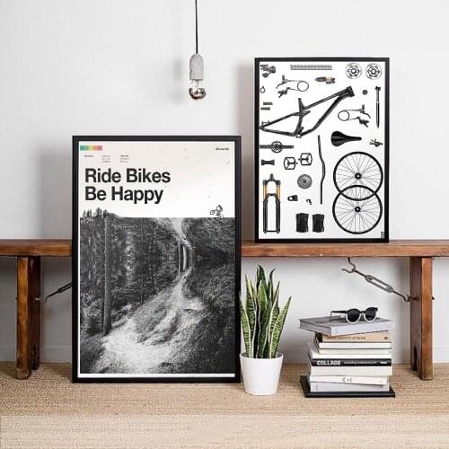 Mountain Bike Art Print Ride Bikes Be Happy Poster Print Cycling Artwork Bicycle Wall Art Posters Room Decor Canvas Painting