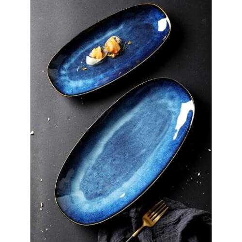 Ceramic Sushi Plate Fish Fruit Dish Food Tray Food Serving Plate Snack Plate for Home Restaurant Hotel (Blue Small Sizes)
