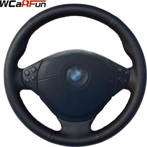 WCaRFun Black Genuine Leather Car Steering Wheel Cover for BMW E36 E53 X5 Z3 E39 5 Series 1999-2003 E46 3 Series 1999-2005