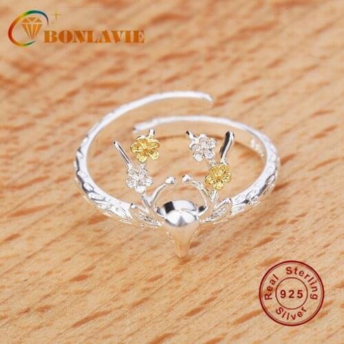 BONLAVIE Fashion Open Tail Ring Silver Color Mori Antler Ring Elk Ring Single Ring Gift Adjustable Open Rings