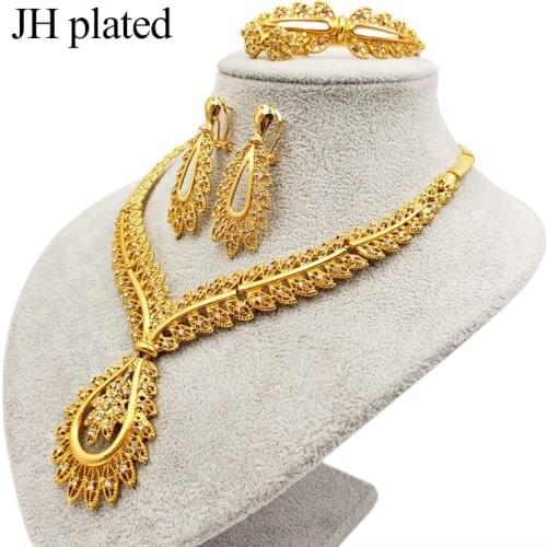 JHplated Dubai Fashion gold color jewelry set African wedding gifts for Saudi Arab women Necklace Bracelet earrings ring set