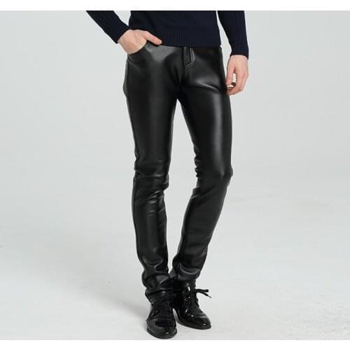 Plus velvet thickening motorcycle faux leather pants mens feet pants winter warm pu trousers for men pantalon homme black youth