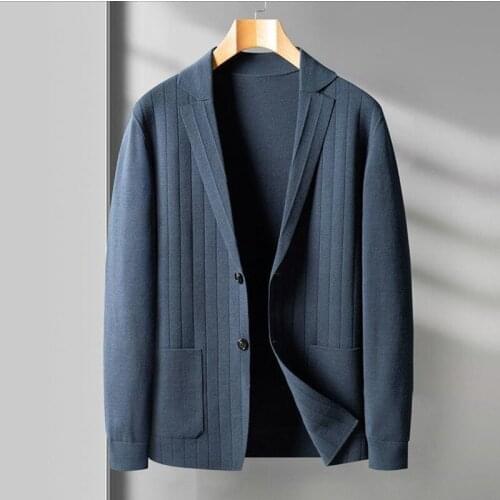 Mens Sweater Jacket Men Suit Collar Knitted Cardigan Mens Spring New Leisure Solid Color Stripe Jacquard Trend Coat Streetwear