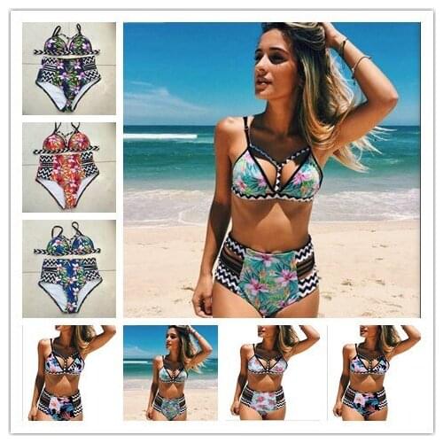 2021 New Printed High Waist Two Pieces Bikini Set Swimsuit Female Women Beachwear Swimwear Bather Bathing Suit