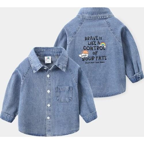 Spring New Kids Denim Shirts 2021 Baby Boys Fashion Letter Lapel Blouse Casual Print Long Sleeve Shirt for Boy Children Clothing