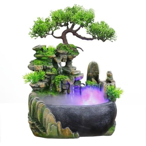 Office Tabletop Ornaments Desktop Wealth Feng Shui Figurines Flowing Water Waterfall Fountain Color Changing LED Lights Spray