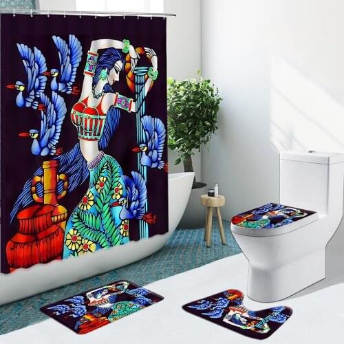 Painted Ethnic Girl Bird Shower Curtain Kimono Woman Sakura Non-Slip Flannel Rugs Toilet Cover Bath Mats Bathroom Set Floor Mat