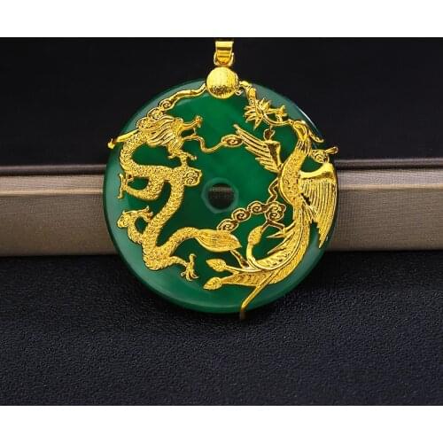 Chinese Natural Green Chalcedony Hand-carved Dragon and Phoenix Pendant Fashion Boutique Jewelry Couple Necklace Popular Gift