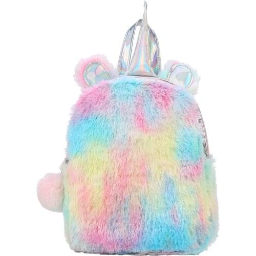 Unicorn school bag for girls plush small backpack kids kawayi bags silver laser pu bookbags children gift rainbow 11inch