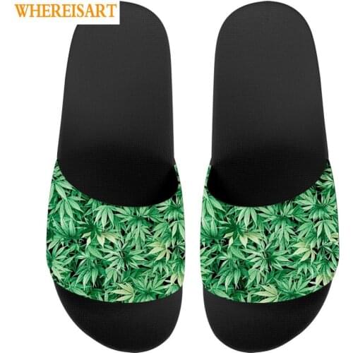 WHEREISART Green Hemp Leaves/3D Weed Leaf Printed Women Summer Slides Casual Outdoor Beach Female Slippers Bathroom Flip Flop