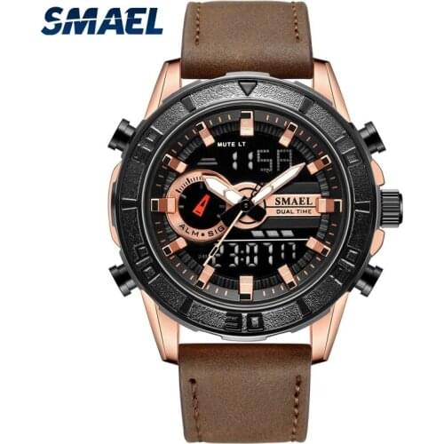 SMAEL Casual Style Fashion Quartz Mens Watch Luminous Hands Digital Dual Display Waterproof Alarm Clock Timer Leather Bracelet