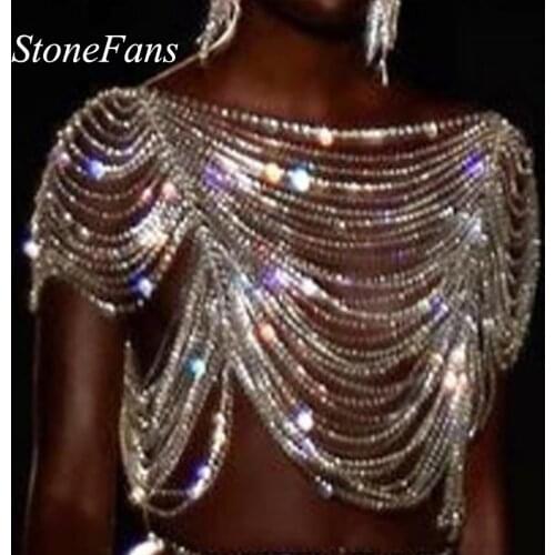 Stonefans Luxury Multi-Layer Full Rhinestone Underwear Chain Bling Shoulder Chain Crystal Body Chain Women Chest Clothes Jewelry