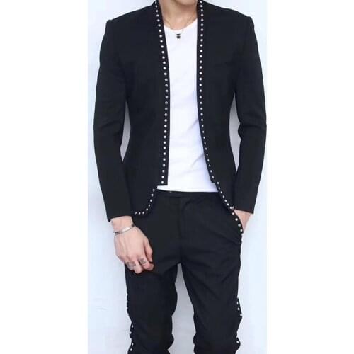 Terno Masculino Embroidery Flower Jackets Mens Bomber Jackets Casual Chaqueta De Cuero Moto Rivet Decoration Punk Stage Jackets