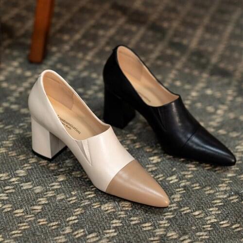 Women Shoes Natural Leather pumps 22-24.5cm All-match elastic shoe mouth cowhide Sheepskin insole Korean pointed toe thick heel