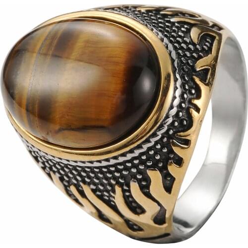 316L Stainless Steel Jewelry US Size 7-13 New Design Brown Stone Flamed Farao Solid Ring