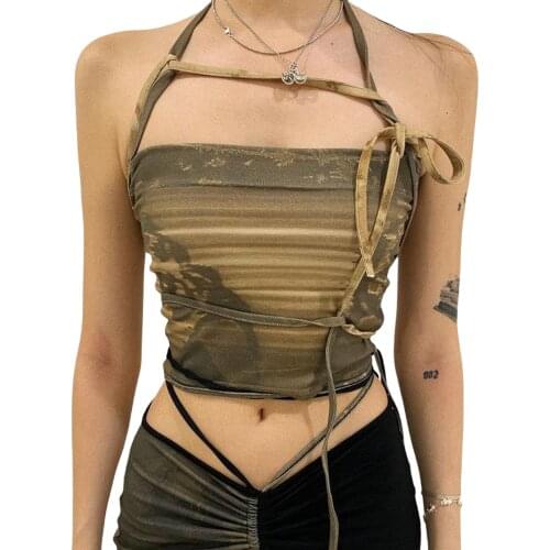 Womens Tank Tops, Bandage Vest, Lace Up Neck Hanging Thin Summer Slimming Dye Cropped Shirt