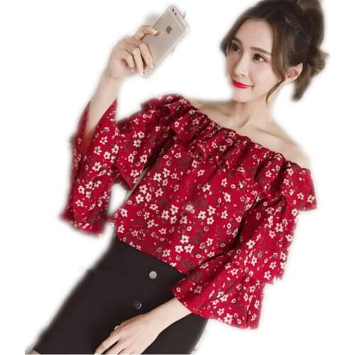 Sexy Slash Neck Chiffon Women Blouses 2019 New Summer Fashion Floral Women Shirts Three Quarter Ruffles Sleeve Female BlouseQ034