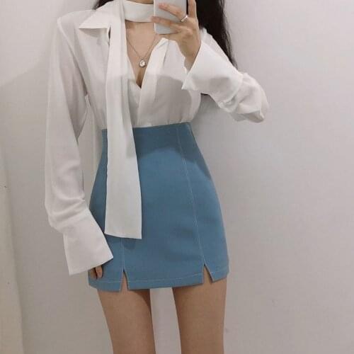 Spring Women Elegante Single Long Sleeve Minimalist Lace Up Chiffon Blouse + bust skirt of tall waist show package hip A