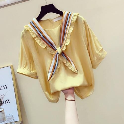 Bow neck ruffles women t-shirts 2020 summer new solid cotton short-sleeved lady pulls tops tees top quality