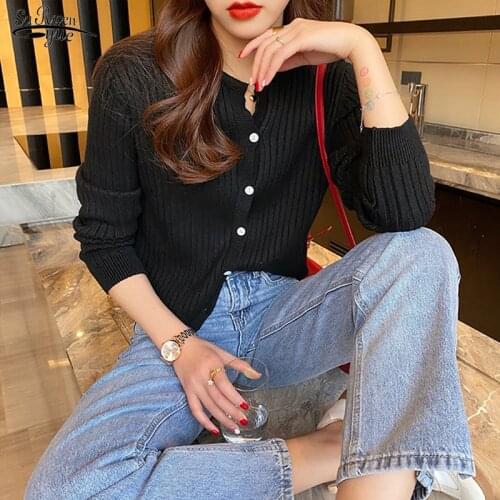 Autumn 2021 Solid Women Sweater Cotton Knit Cardigan Long Sleeve O-neck Sweaters Loose Chic Office Lady Clothes Pull Femme 16083