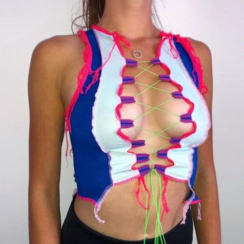 Womens Tops 2020 New Fashion Cropped T-Shirts Lace-up Top Hollow-out Rough Selvedge Elastic Casual Party Summer Short Clothes