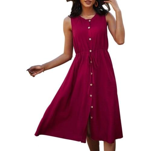 Ladies Dress Button Placket Loose Simple Women Round Neck Solid Color Dress Elegant Beach Ladies Christmas Dress Party Night