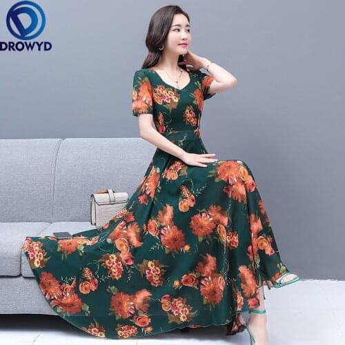 2021 Summer Beach Vacation Floral Chiffon Maxi Dress Vintage Print V-neck Sweet Midi Dress Elegant Women Bodycon Party Vestidos