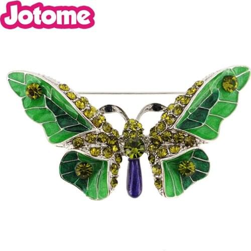 100pcs/lot Empress Monarch Winged Crystal Rhinestone Green Enamel Butterfly Pin Brooch