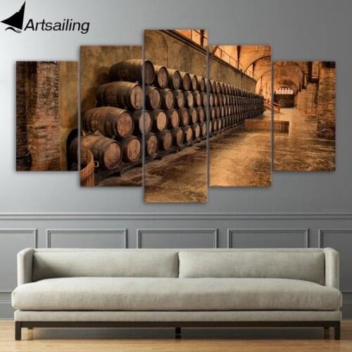5 piece canvas art wine cellar barrels canvas painting posters and prints wall pictures for living room free shipping XA1584A