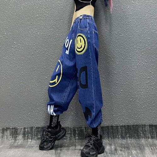Hip Hop Pants Female Gothic Boyfriend Jeans Summer High Waist Cool Harajuku Jeans Cool Smile Print Korean Trousers Steeetwear