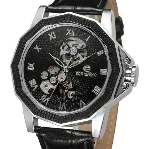 Forsining Windmill Skeleton Ripple Design Irregular Shape Mens Watches Top Brand Luxury Automatic Half Skeleton Watch Clock Men