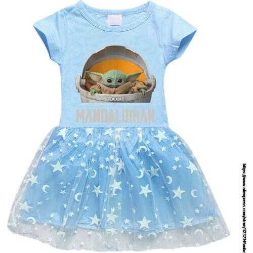 Girl Princess cotton Dress Mandalorian Baby Yoda Cartoon 3D Star Moon Gauze Hem Short Sleeve Childrens dress ball gown gift