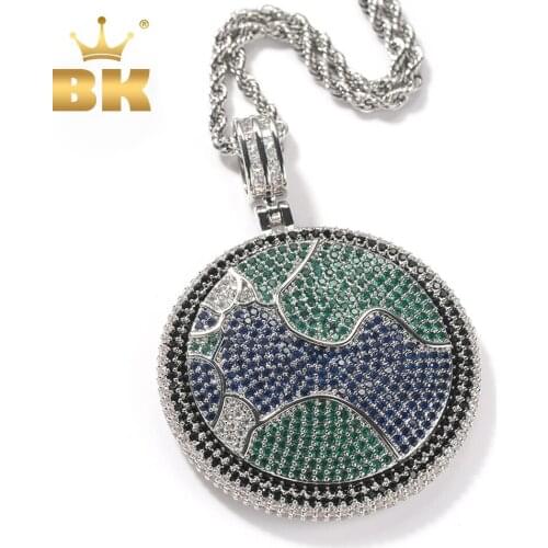 THE BLING KING Spinning Earth Map Round Pendant Full Iced out Bling Cubic Zirconia Rotatable Pendant Tennis Chain Hiphop Jewelry