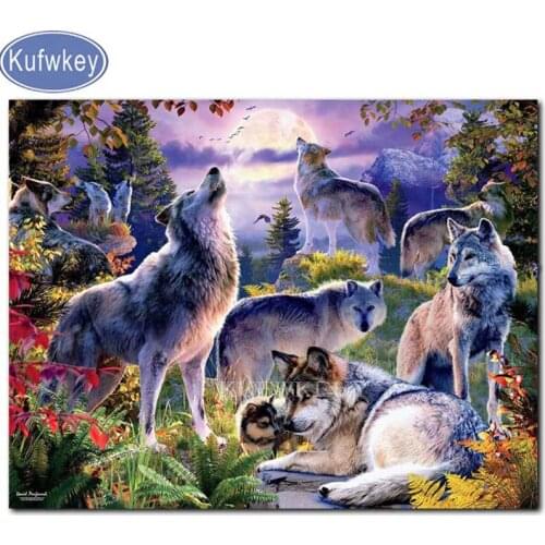 KUFWKEY wolves Mountain forest moon painting diamond mosaic Full square resin drill mosaic pattern of rhinestones embroidery art