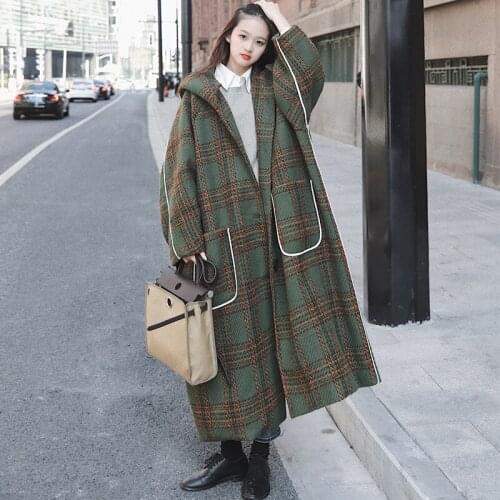 Thickening Fashion Female Jacket Womens Winter Woolen Coat New Korean Plus Size Green Plaid Super Long Hooded Knee-To-Ankle