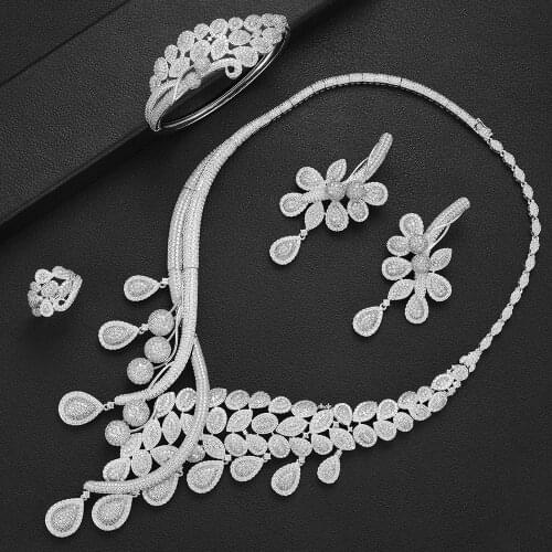 LARRAURI 2020 Hot Women Wedding Jewelry Sets Statement Flower Pendant Necklace Earrings Bangle Ring Jewelry Sets Accessories