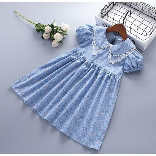 Summer Dress Puff-Sleeve Lapel Collar Floral Printed Princess Dresses New Fashion Kids Clothes Girls Dress 4-7 Years