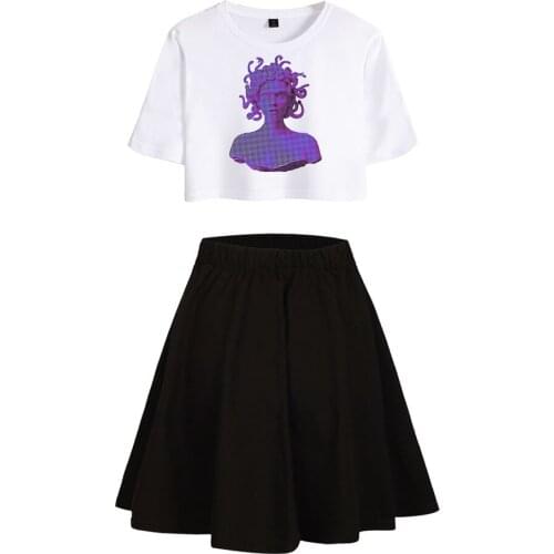 Trendy Skirts+T-shirt Suit Cute Womens Fashion Mini Short Skirt Crop T-shirt Vaporwave Style Print Tshirt Sexy Girl Summer Suit