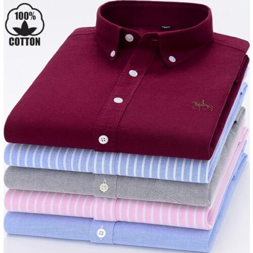 New Plus Size 8XL Cotton Oxford Mens Shirts Long Sleeve Embroidered Horse Casual Without Pocket Striped Social Dress Shirt Male