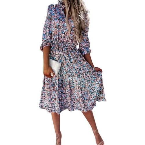 New Womens Lace Up Layered Dress Adult Autumn Printed V-Neck Long Sleeve Floral Casual Fashion
