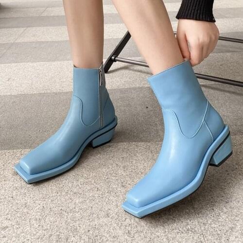 New Arrivals Square Toe Handmade Genuine Leather Women Martin Boots Side Zipper Women Shoes Thick Mid Heels Ankle Ladies Boots